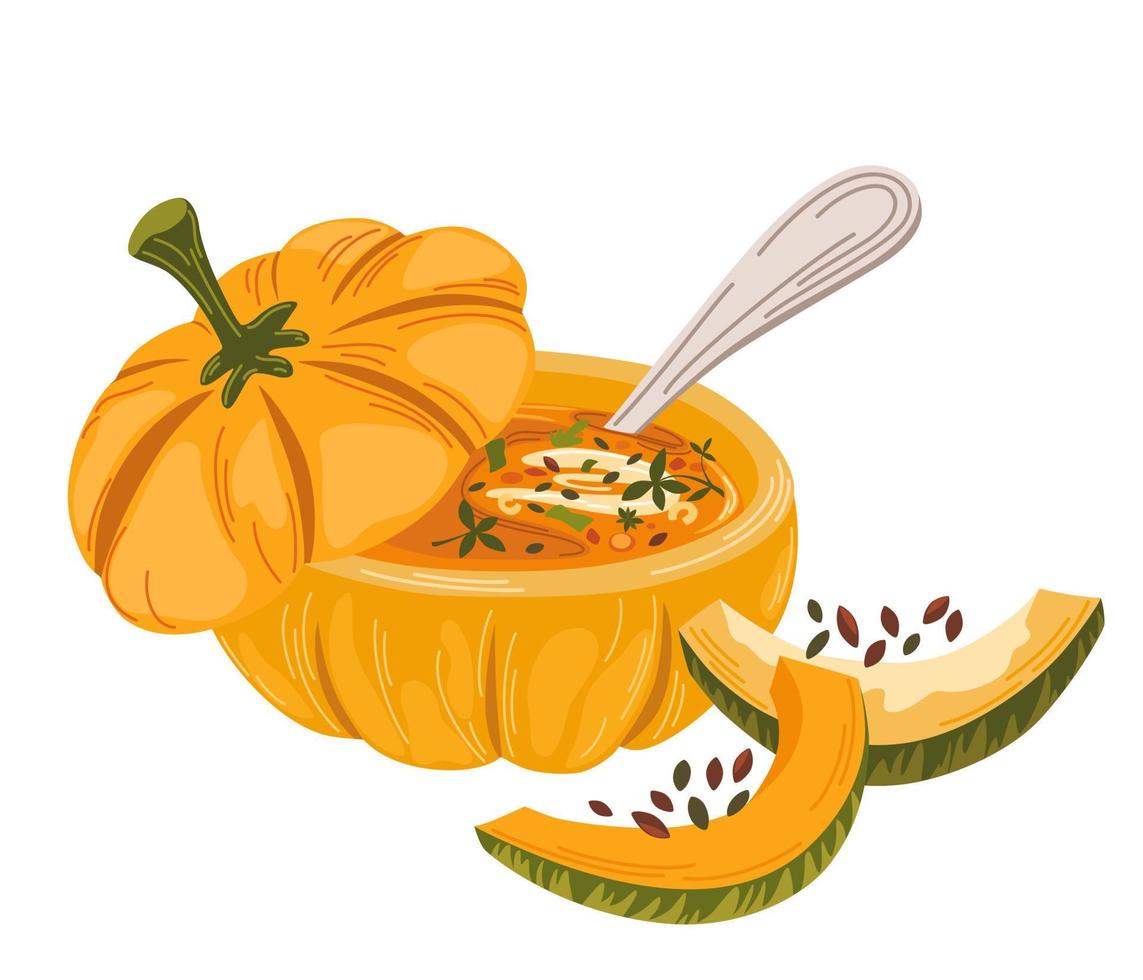 pompoensoep. traditionele herfst Thanksgiving eten pompoensoep geserveerd in pompoen met swirl van room. vector hand tekenen illustratie platte pictogram geïsoleerd op wit.