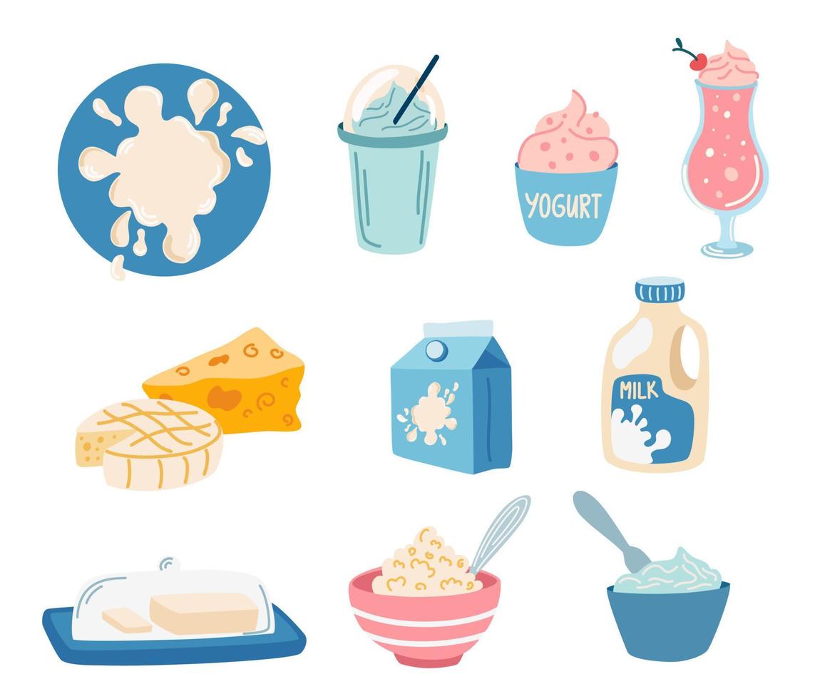 zuivelproducten instellen. melk, yoghurt, kaas, boter, milkshake, ijs, slagroom. boerderij natuurlijk voedsel. vector hand tekenen illustratie platte pictogram geïsoleerd op wit.