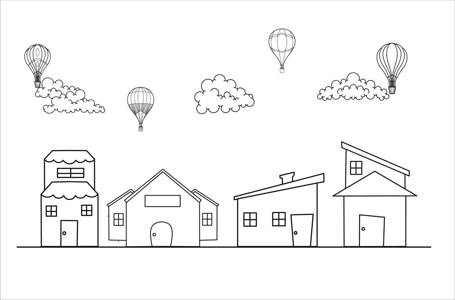 luchtballon, huis en wolkenlijntekeningen geïsoleerde witte achtergrond vector