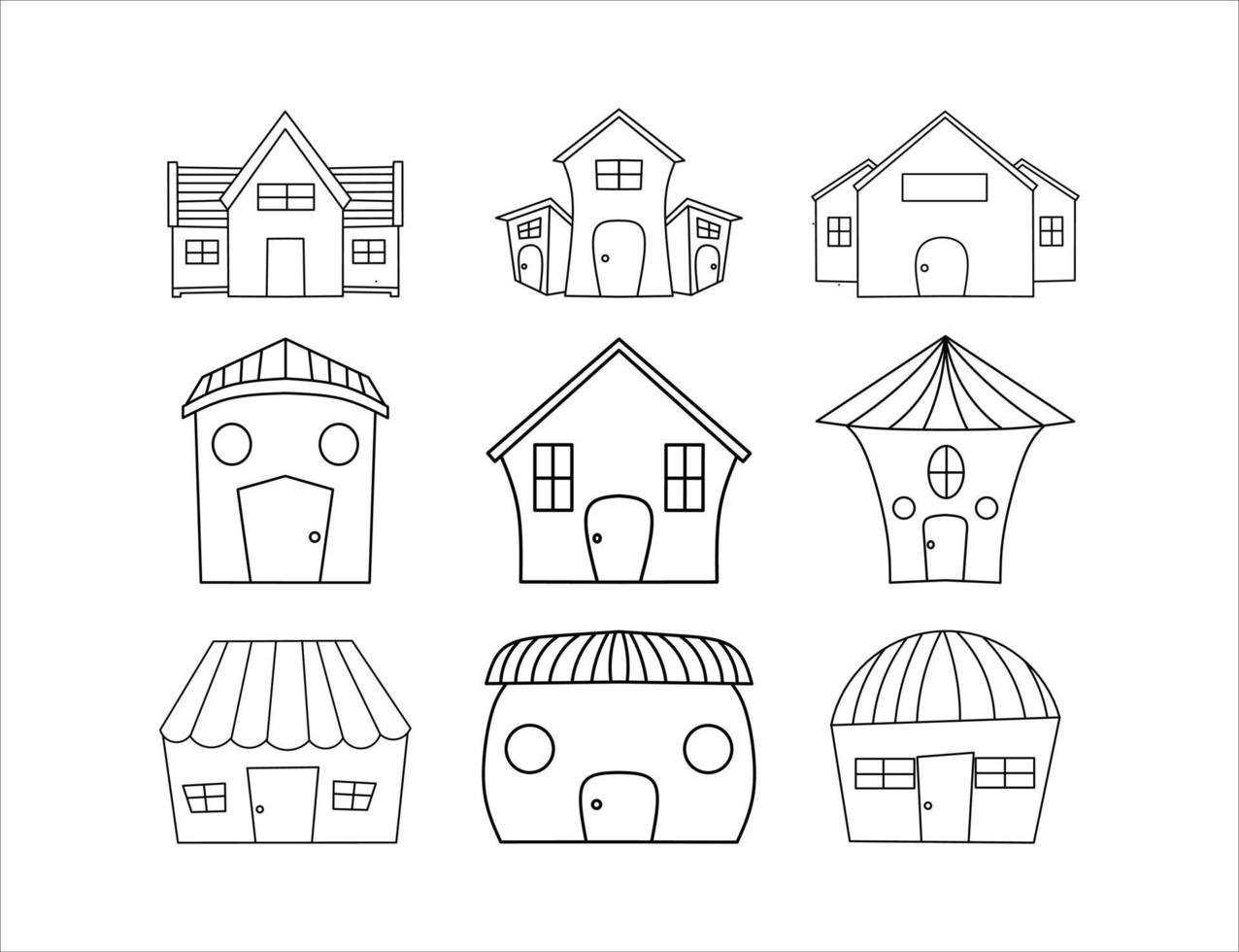 handgetekende set van doodle huis zwart-wit vectorillustraties vector