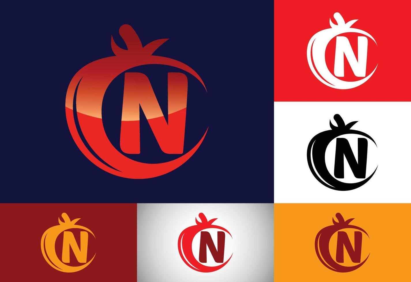 eerste n monogram alfabet met tomaat. tomaat logo ontwerpsjabloon. lettertype embleem. biologisch voedsel vector