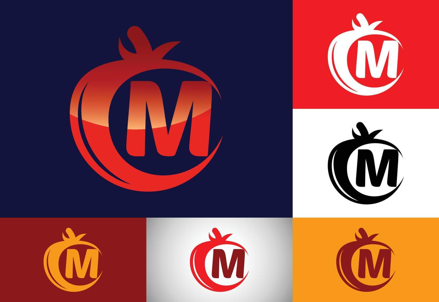 eerste m monogram alfabet met tomaat. tomaat logo ontwerpsjabloon. lettertype embleem. biologisch voedsel vector
