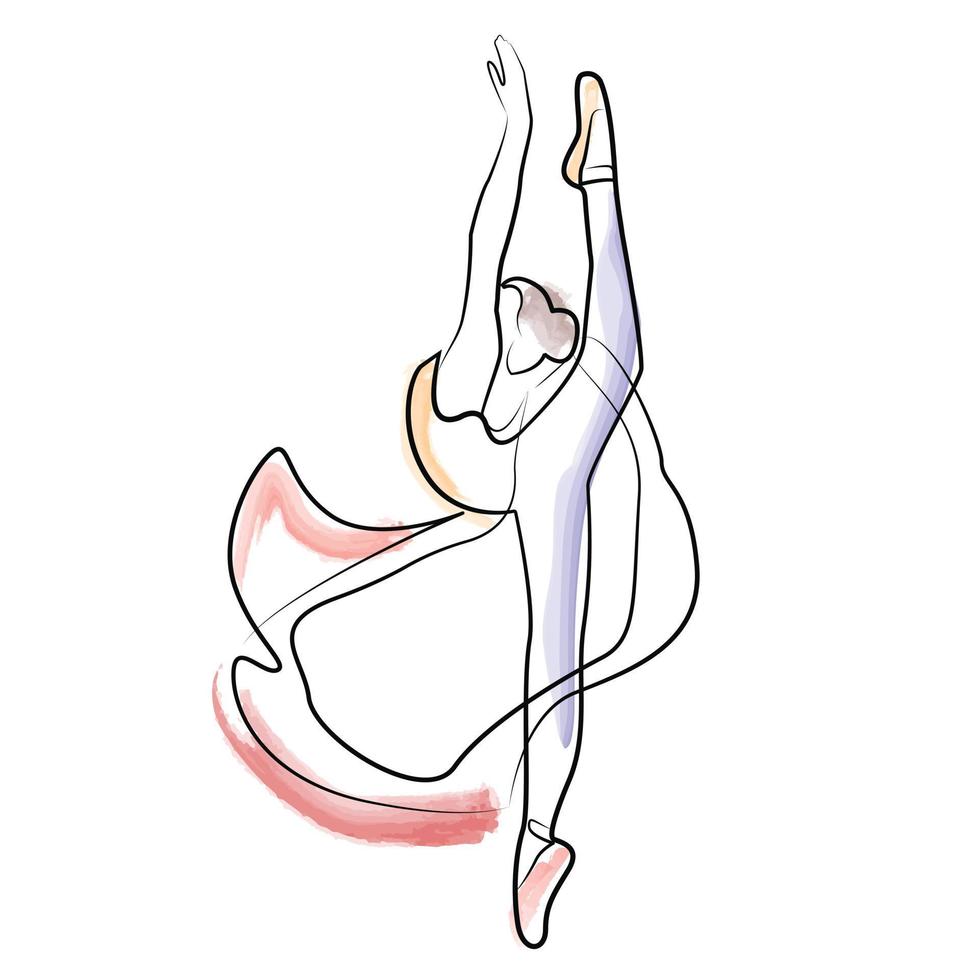 schets van een vrouw in een jurk ballet pose danser lijntekeningen continue kunst aquarel pictogram meisje vector