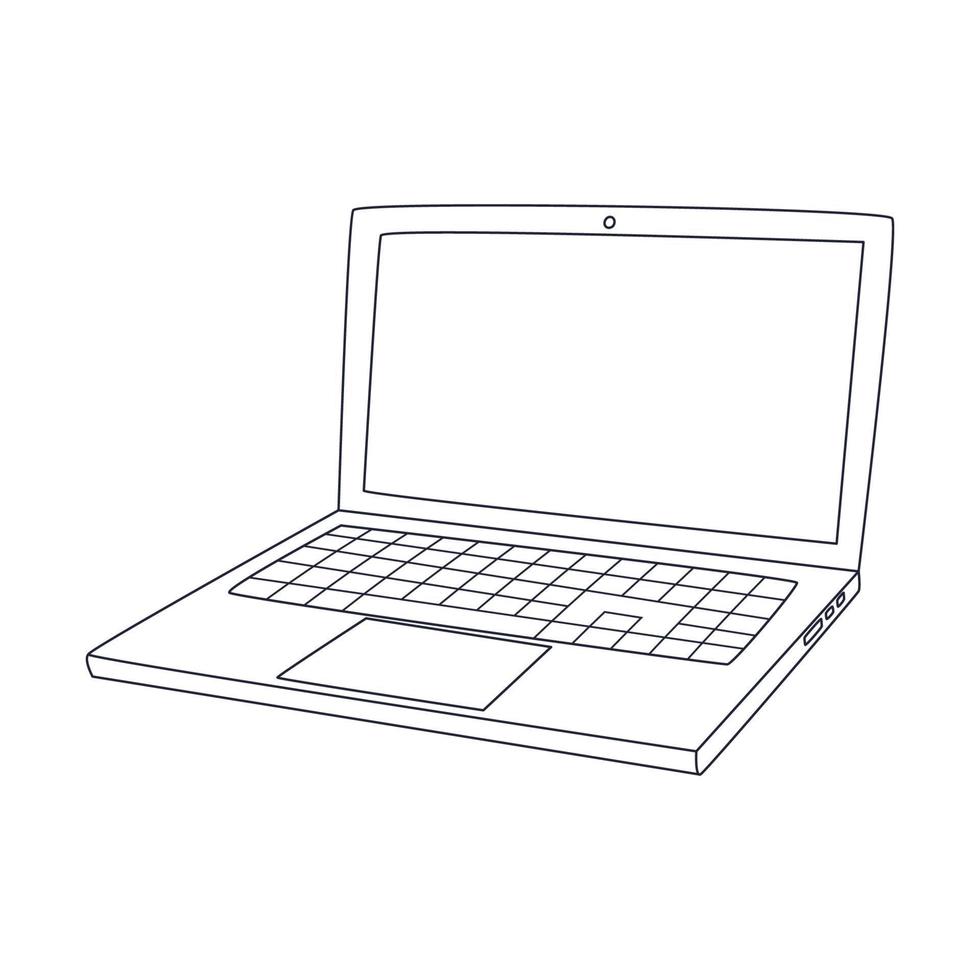 een opengeklapte laptop met een leeg scherm. een elektronisch apparaat met een lege ruimte voor tekst. schets doodle. zwart-wit vectorillustratie geïsoleerd op een witte achtergrond vector