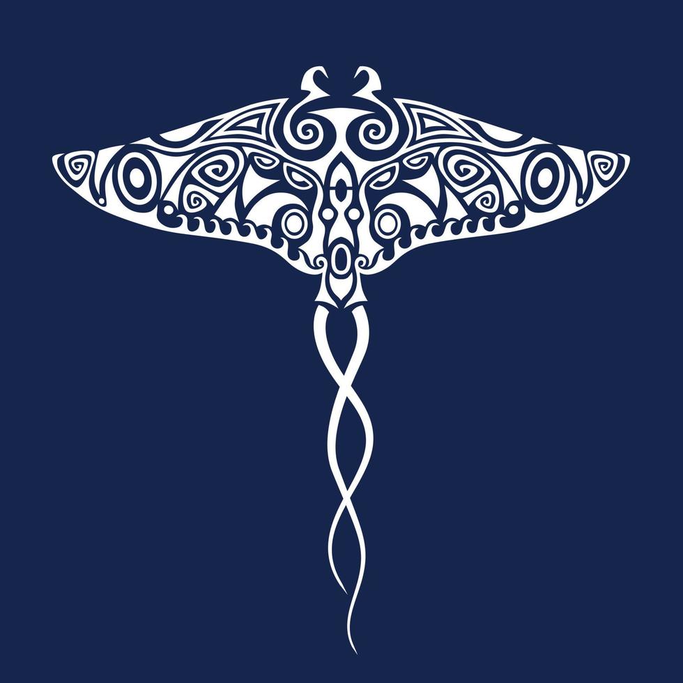 manta ray illustratie in maori stijl. sieraad voor duikers. wit op blauwe achtergrond. vector