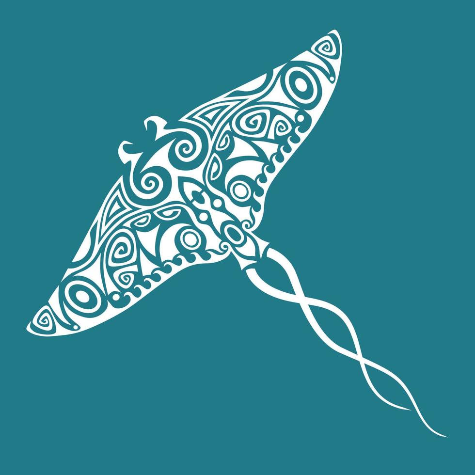 manta ray illustratie in maori stijl. sieraad voor duikers. wit op blauwe achtergrond. vector