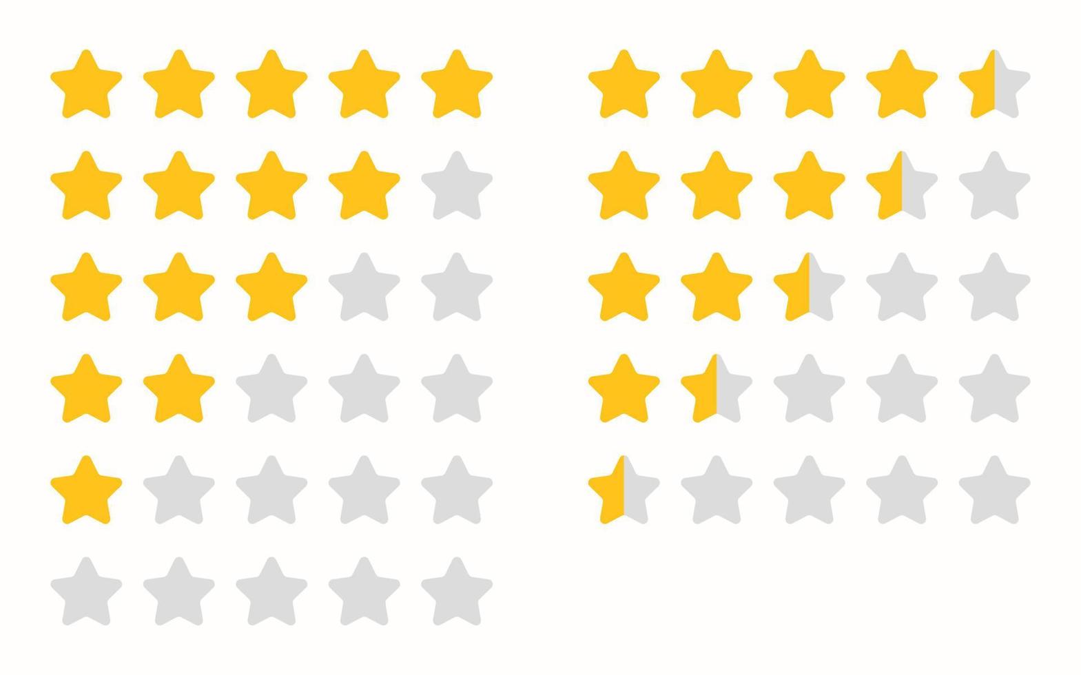 vijf sterren waardering. klantbeoordeling of feedback. gouden vijf sterren, halve sterren op een witte achtergrond. sterren stellen beoordeling in voor apps of websites. vector