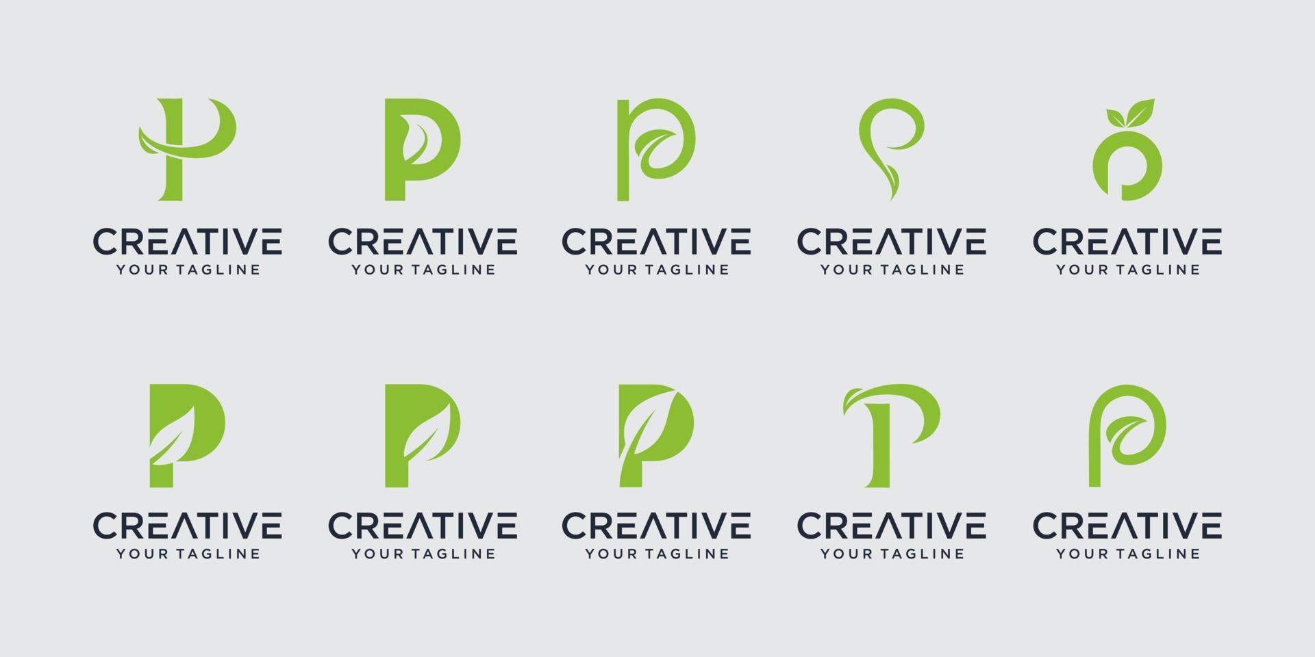 set van abstracte eerste letter p logo sjabloon. pictogrammen voor zaken van de natuur, biologisch vector