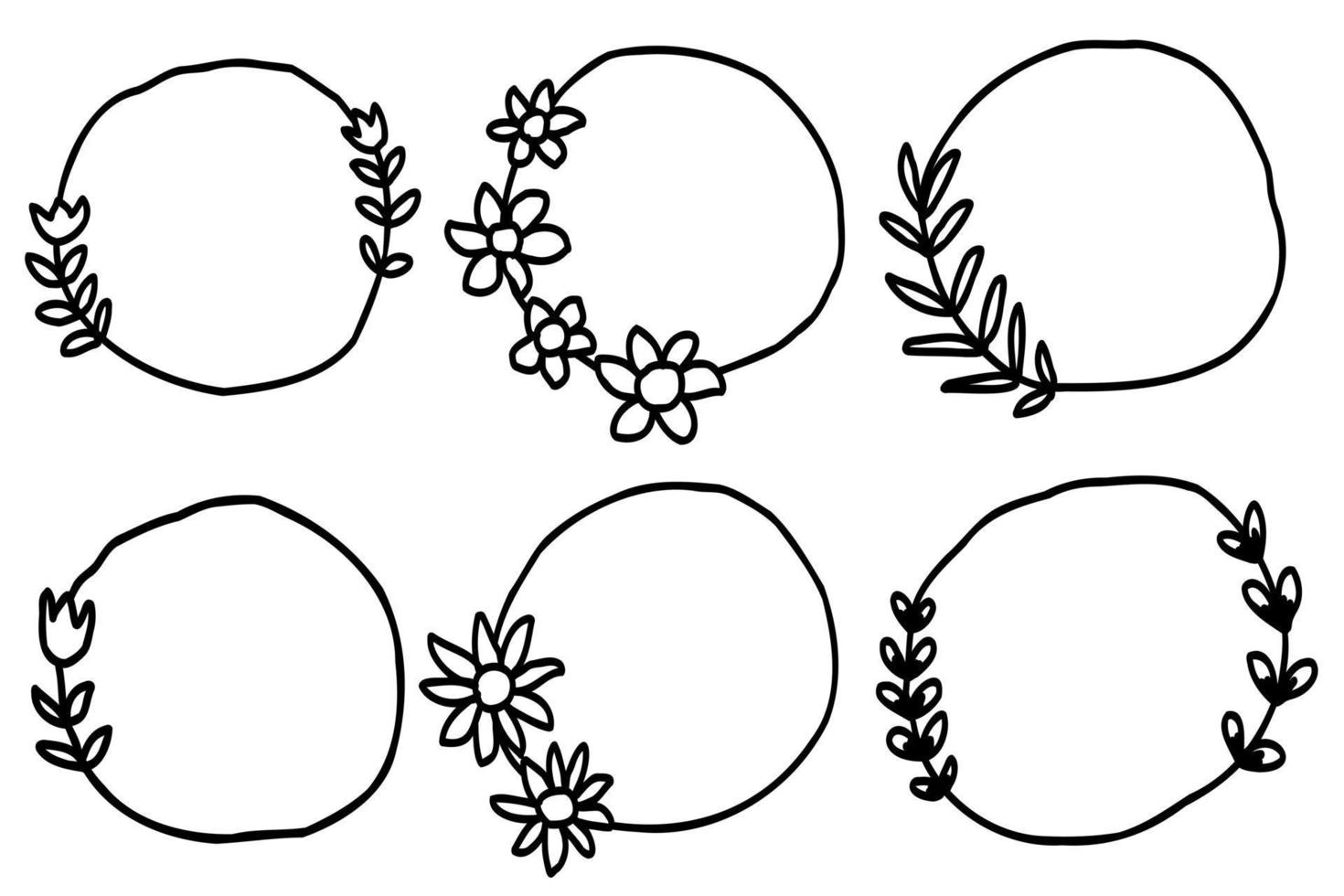 abstracte doodle geïsoleerde frames instellen hand getrokken. schattige krabbel ronde lijnen met bladeren, bloemen. voor bruiloft, valentijnsdag, gelukkige verjaardag plantencollectie. vector