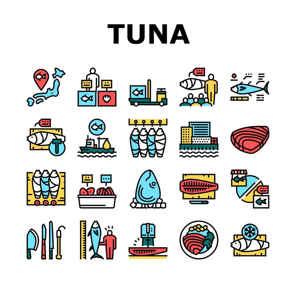 tonijn veiling tsukiji markt collectie iconen set vector