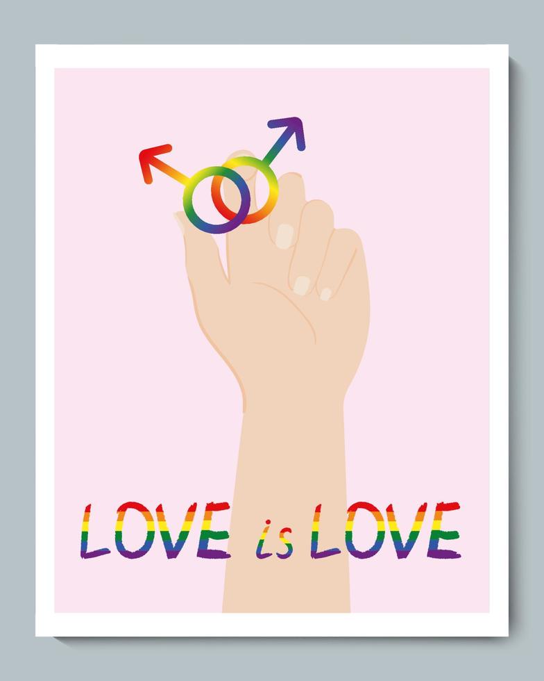 witte hand met regenboog gender lgbt homo mannelijk symbool en doole inscriptie liefde is liefde vector