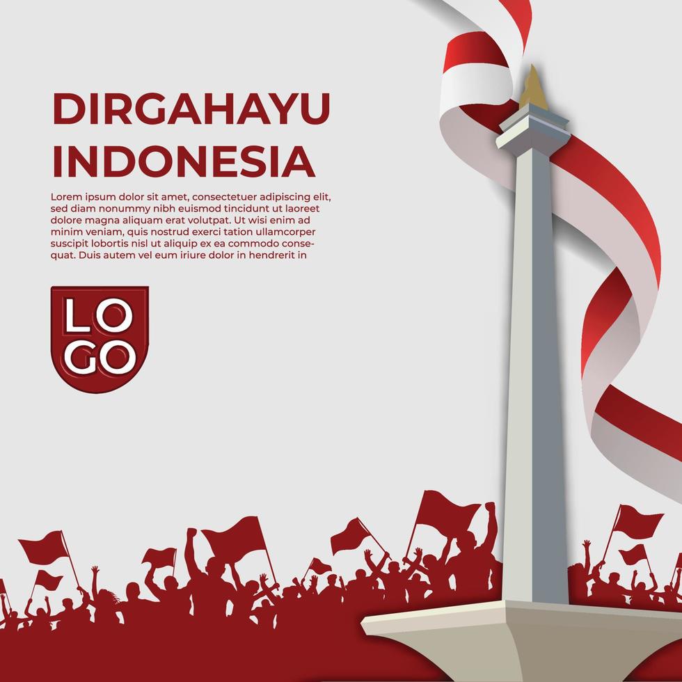 Indonesië onafhankelijkheidsdag met monas, euforie mensen en Indonesische vlag illustration.indonesia onafhankelijkheid witte sjabloon vector. vector