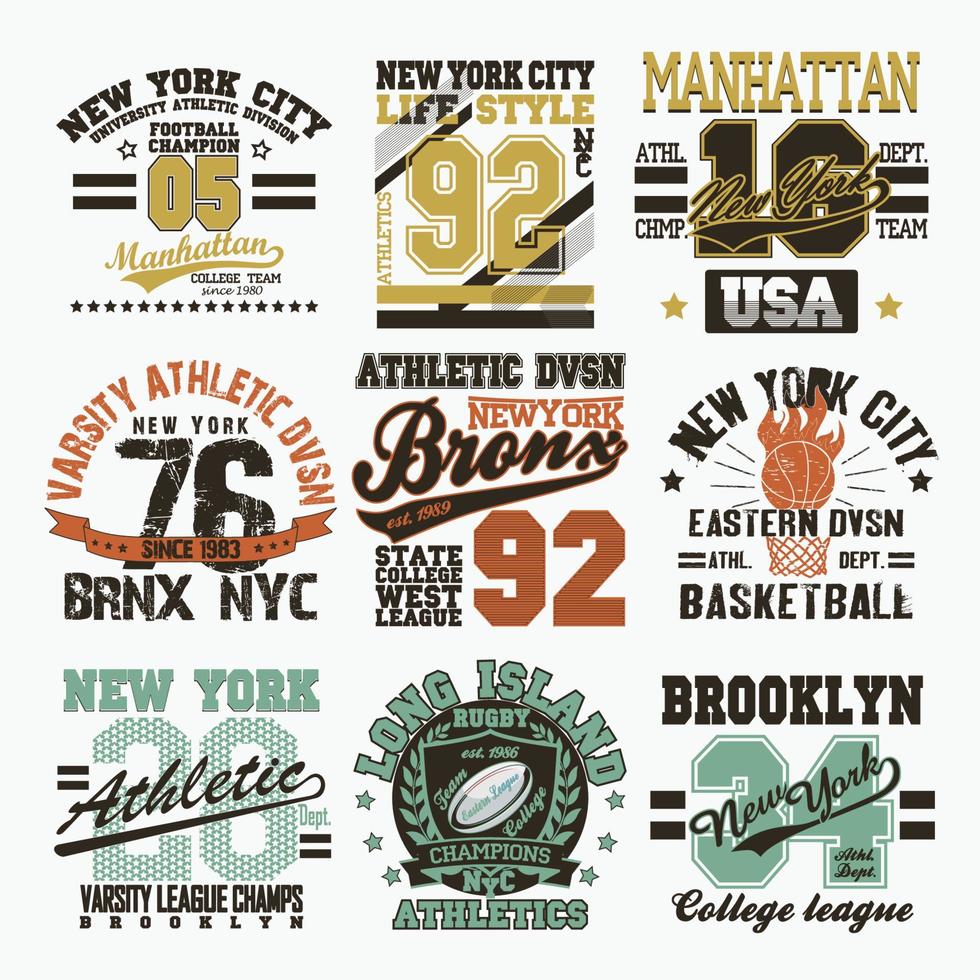 sport typografie graphics embleem set, t-shirt afdrukken ontwerp. atletische originele slijtage, vintage print voor sportkleding appare vector