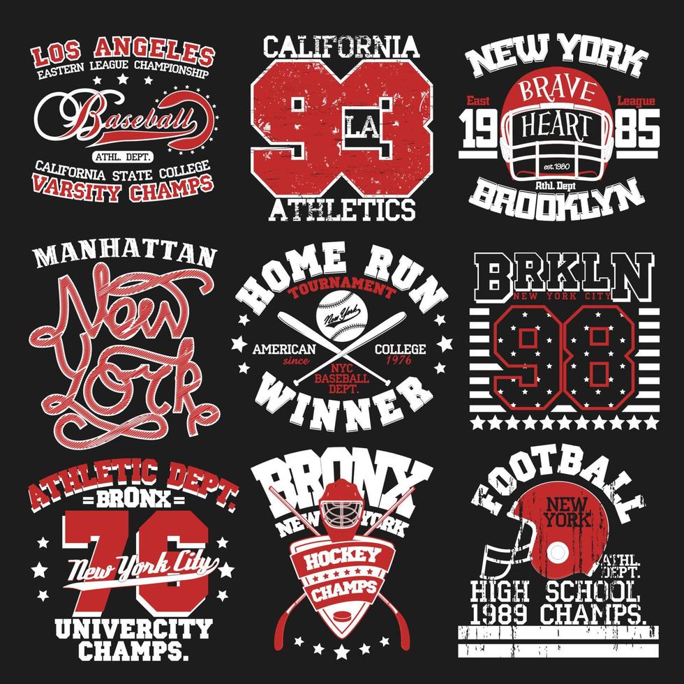 sport typografie graphics embleem set, t-shirt afdrukken ontwerp. atletische originele slijtage, vintage print voor sportkleding appare vector