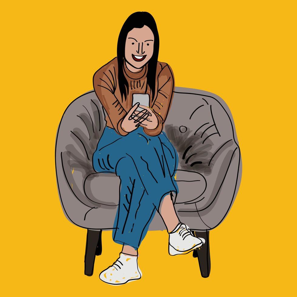 gelukkige vrouw die mobiele telefoon gebruikt, op internet chat, online werkt of studeert, zittend in een fauteuil tegen een gele studiomuur, volledige lengte. vrolijke jongedame die video kijkt op de mobiel vector