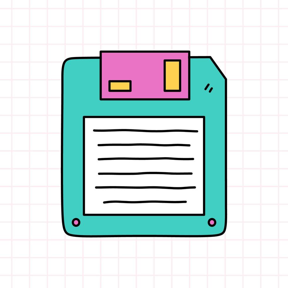 diskette of diskette in felle kleuren. opslagapparaat. vector handgetekende doodle illustratie geïsoleerd op geruite achtergrond. perfect voor kaarten, decoraties, logo, verschillende ontwerpen. Retro stijl uit de jaren 90