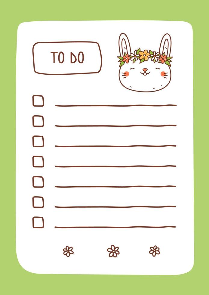 takenlijstsjabloon versierd door kawaii konijntje met bloemen. schattig ontwerp van schema, dagelijkse planner of checklist. vector handgetekende illustratie. perfect voor planning, notities en zelforganisatie.