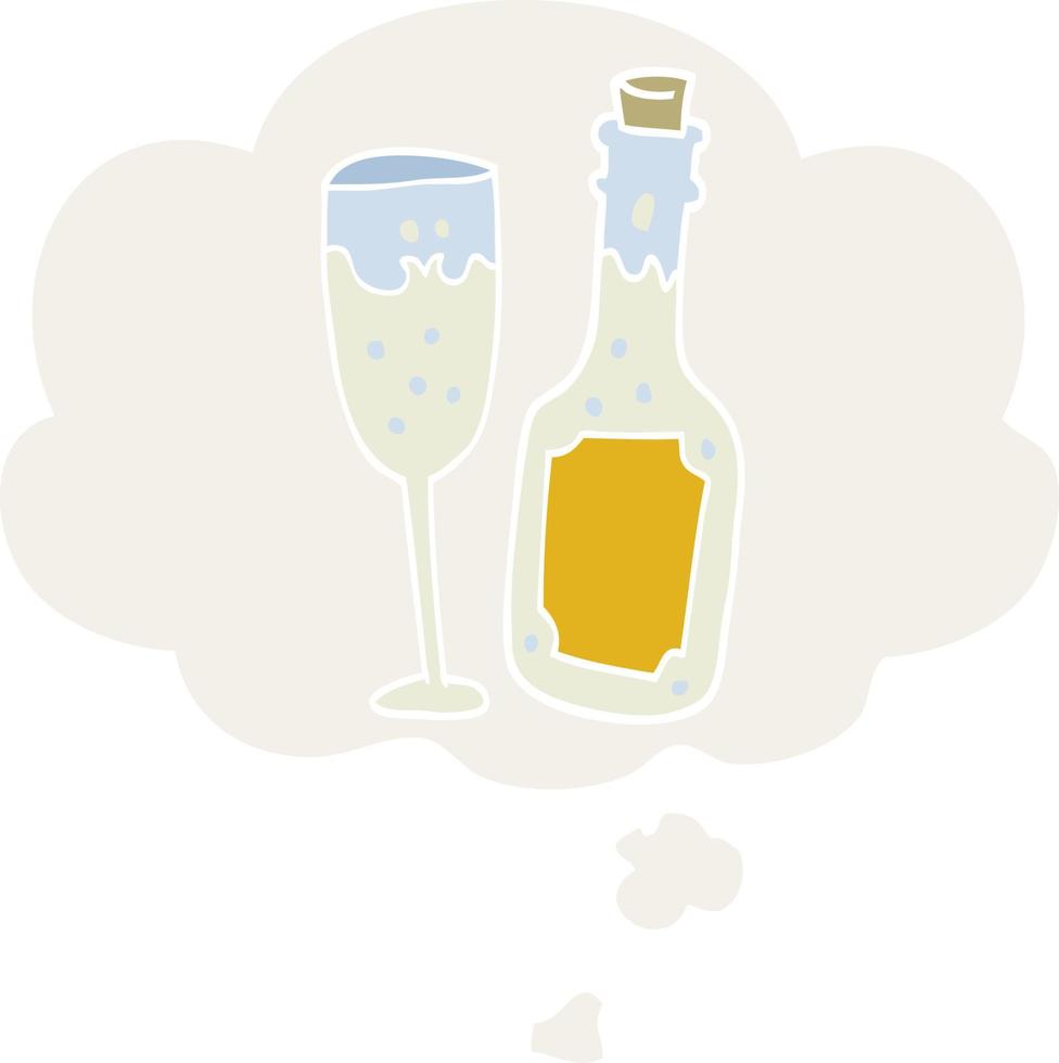 cartoon champagnefles en glas en gedachte bel in retro stijl vector