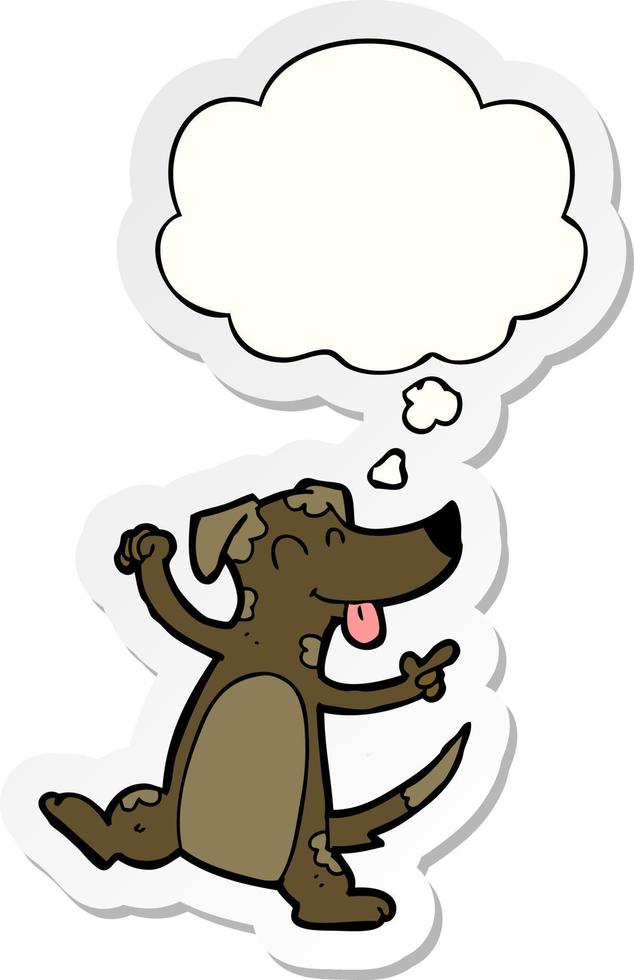 cartoon dansende hond en gedachte bel als een gedrukte sticker vector