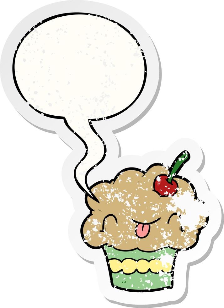 grappige cartoon cupcake en tekstballon noodlijdende sticker vector