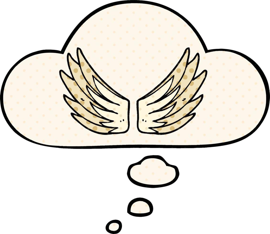 cartoon vleugels symbool en gedachte bel in stripboekstijl vector