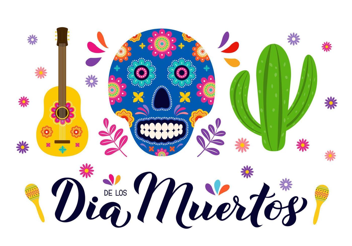 dia de los muertos kalligrafie hand belettering met suiker schedel, gitaar en maracas. maxican vakantiedag van de dode typografie poster. vector sjabloon voor wenskaart, spandoek, poster, uitnodiging.