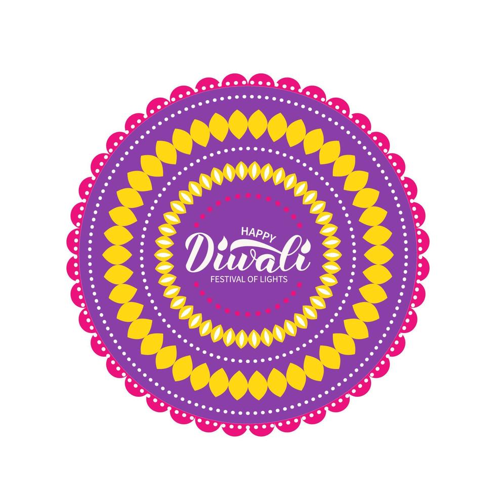 gelukkig diwali-ontwerp met kalligrafiebelettering en rangoli. traditionele Indiase festival van licht typografie poster. gemakkelijk te bewerken vectorsjabloon voor banner, flyer, sticker, briefkaart, wenskaart. vector