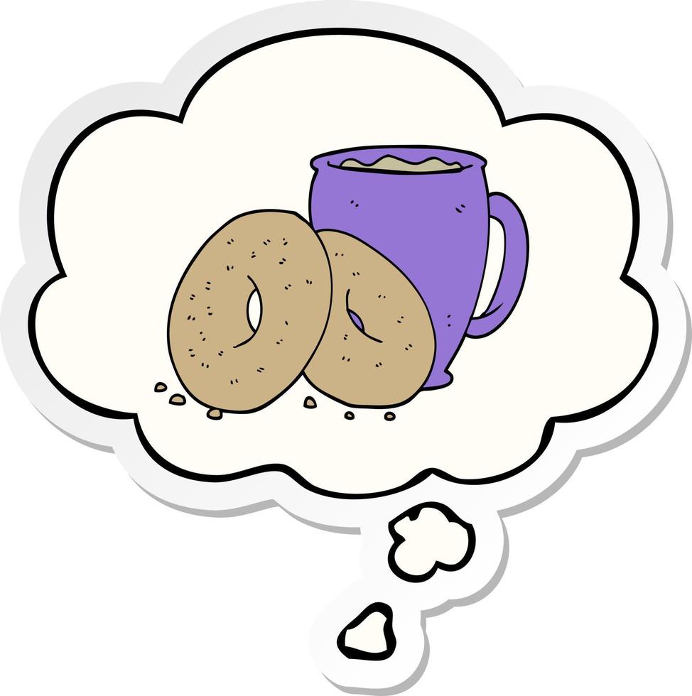 cartoon koffie en donuts en gedachte bel als een gedrukte sticker vector