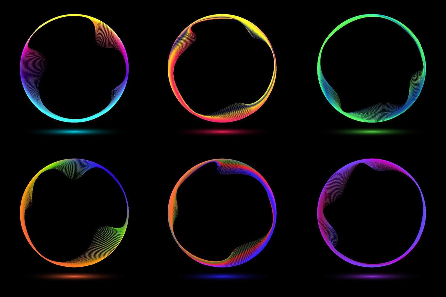 set van gloeiende neon kleur cirkels ronde kromme vorm met golvende dynamische lijnen geïsoleerd op zwarte achtergrond vector