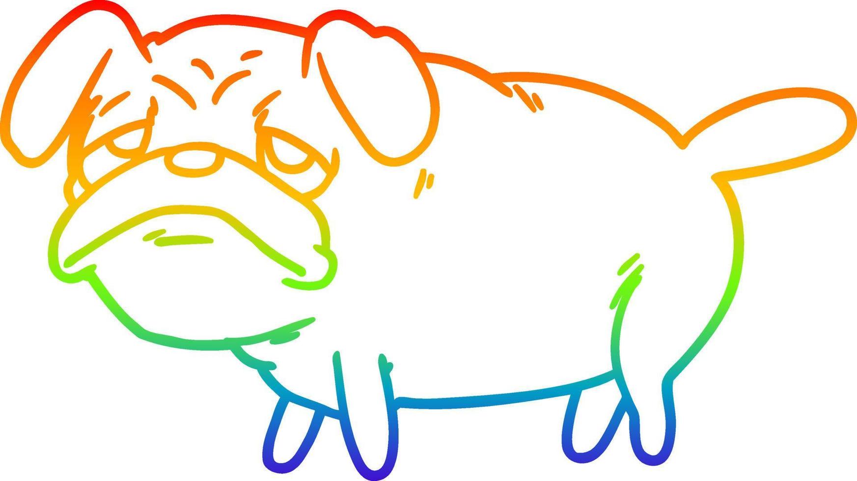 regenbooggradiënt lijntekening cartoon ongelukkige mopshond vector