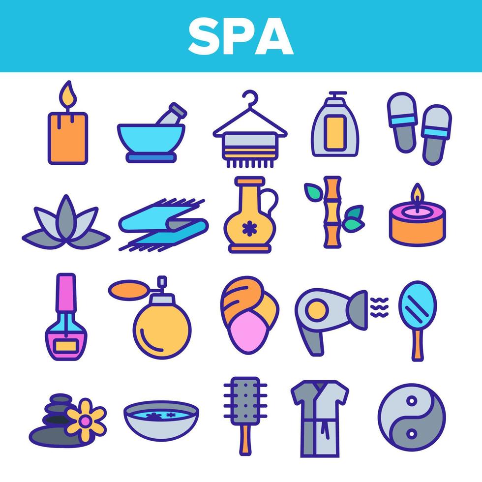 spa schoonheidsservice lineaire vector iconen set