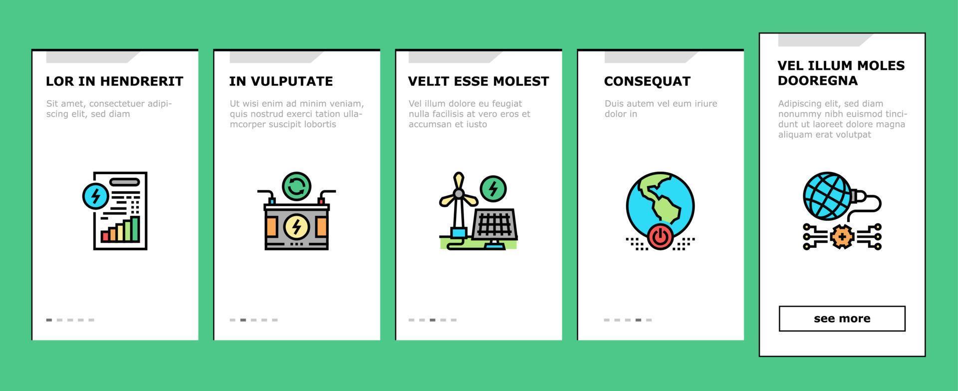 energiebesparende tool onboarding pictogrammen instellen vector