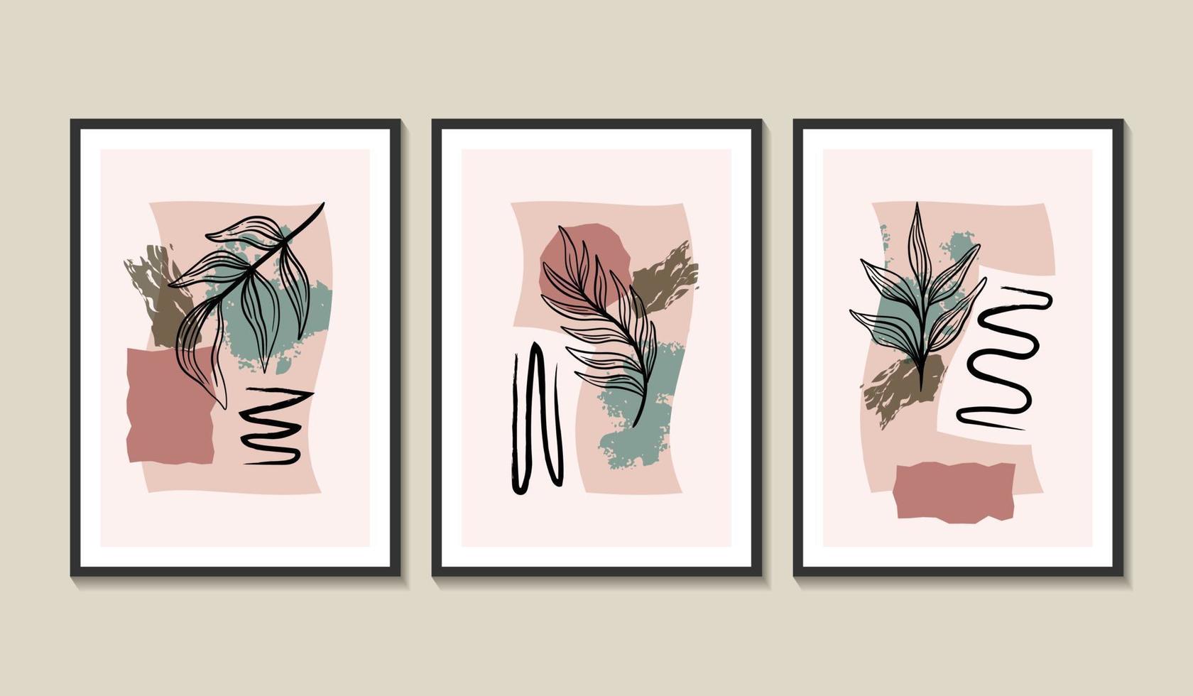 set van 3 muurposters met bladeren en abstracte vormen vector