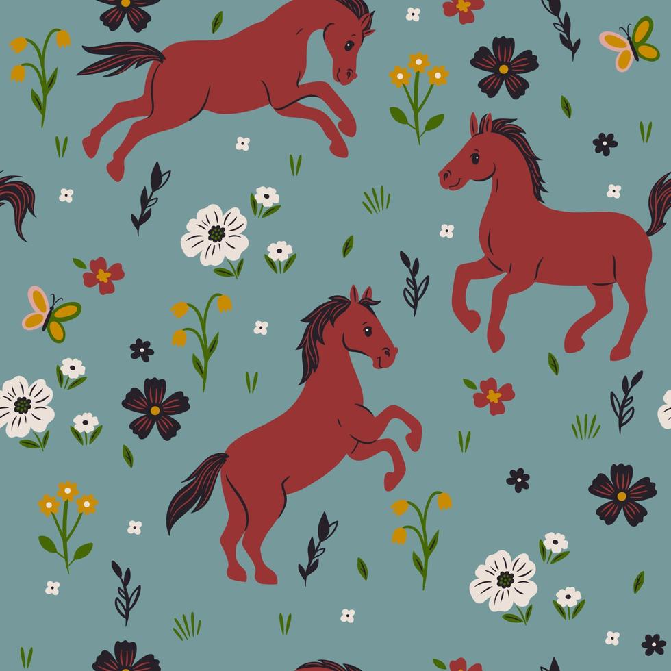 naadloos patroon van paarden en bloemen. vectorafbeeldingen. vector