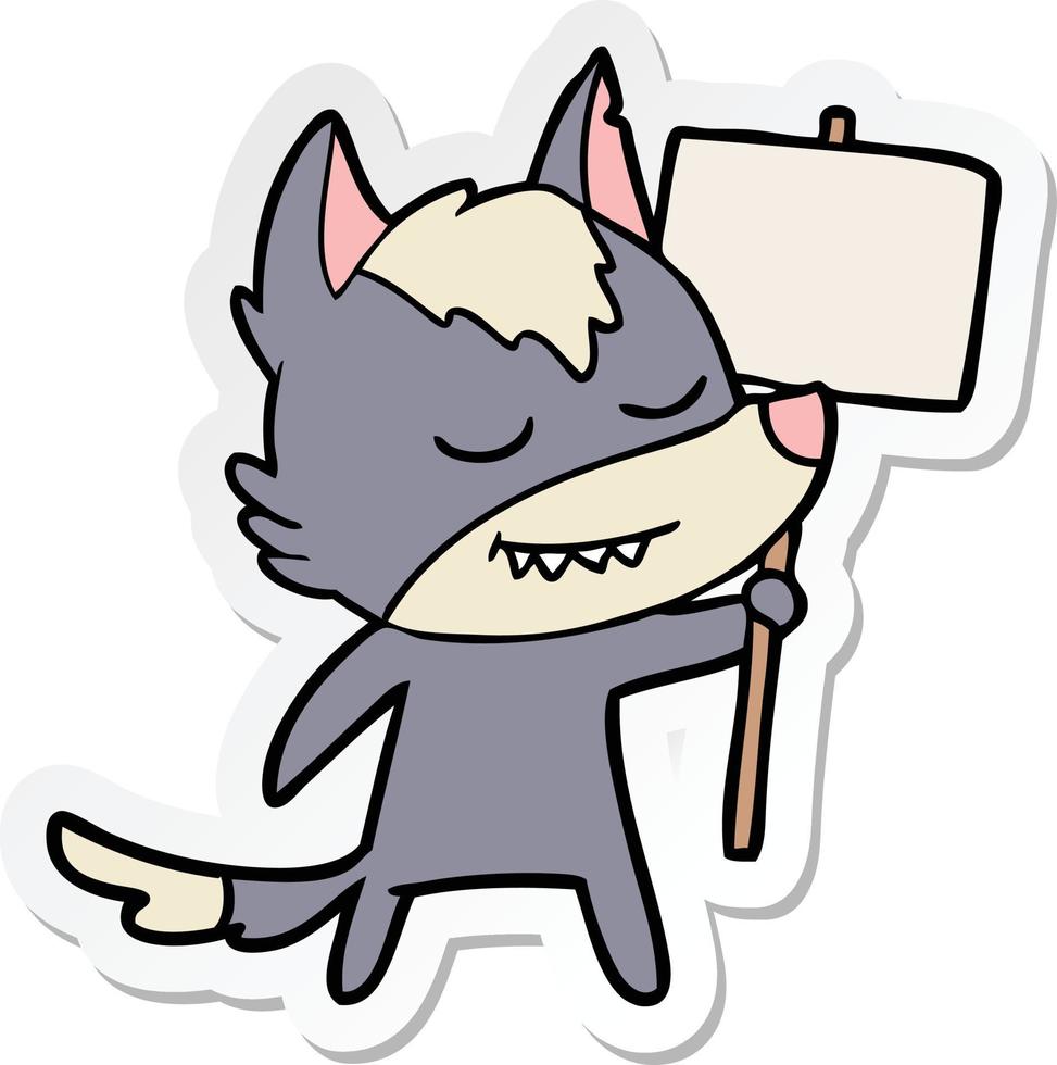 sticker van een vriendelijke tekenfilmwolf met een leeg bord vector
