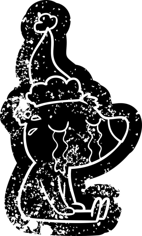 cartoon noodlijdende icoon van een huilende zittende ijsbeer met een kerstmuts vector
