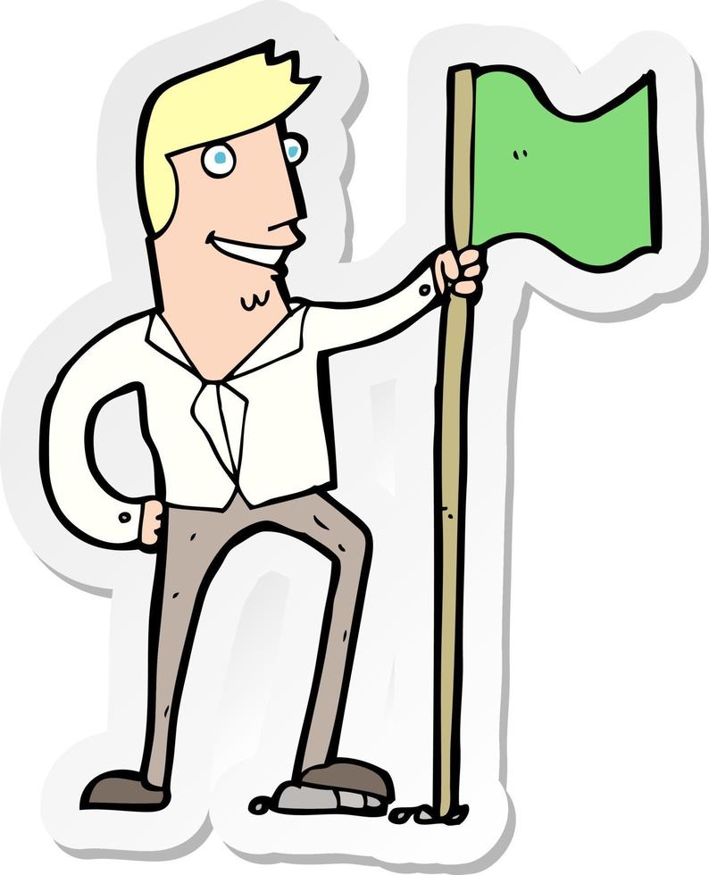 sticker van een tekenfilmman die vlag plant vector