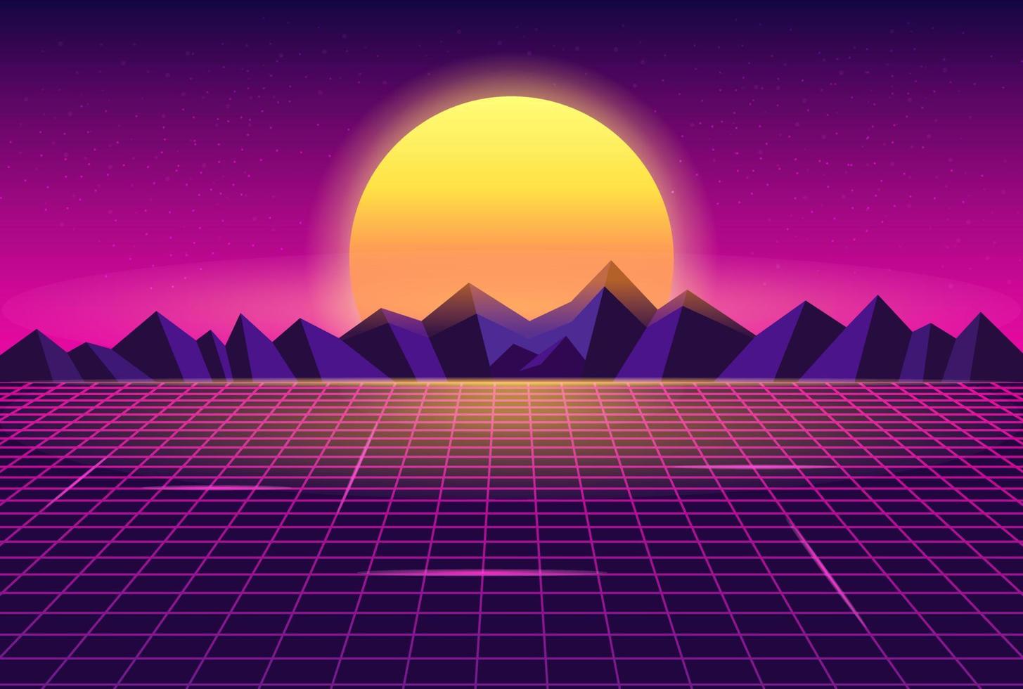 synthwave retrowave zon verlicht gloeiende bergen wireframe landschap illustratie achtergrond vector