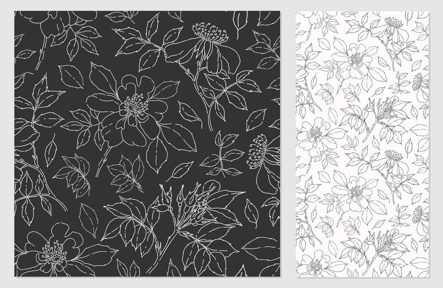vector naadloze patroon met wilde roos. monochrome achtergrond met rozenbottels. bloemblaadjes, knoppen, takken, bladeren.