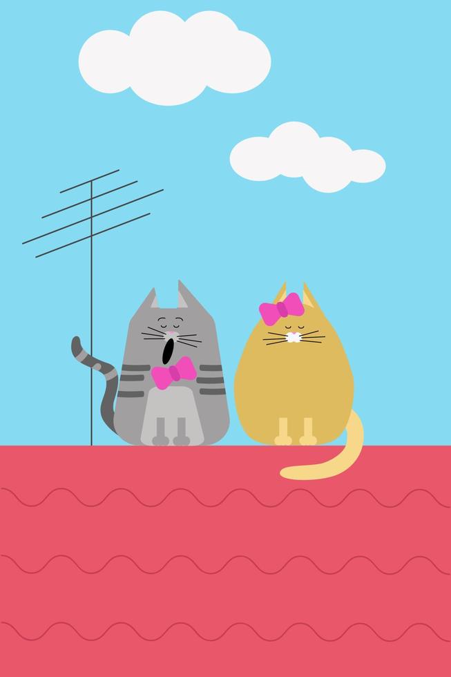 twee verliefde katten op het dak. platte cartoon vectorillustratie. liefde vector