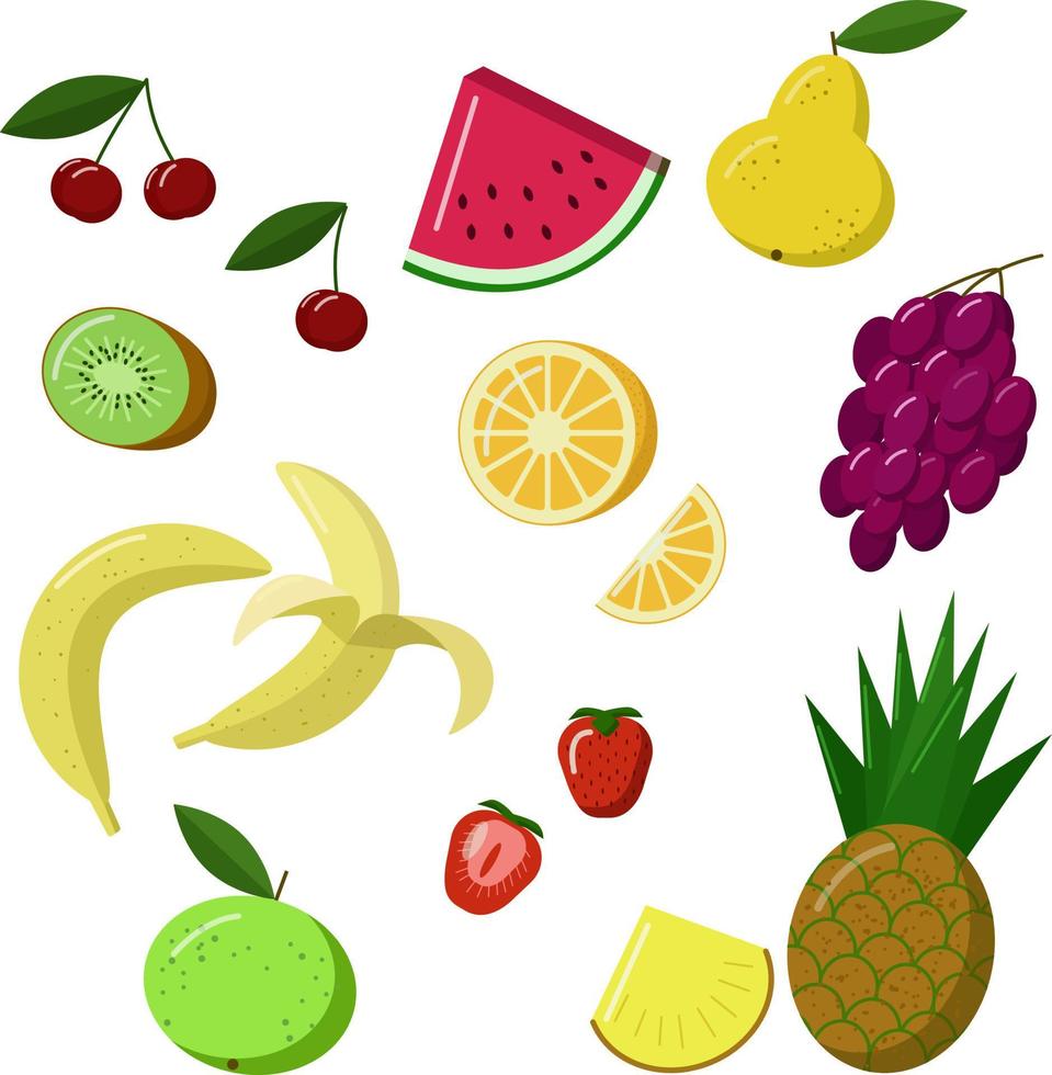 een set van fruit en bessen. sappig kleurrijk en heerlijk. gezonde levensstijl. goede voeding. geschikt voor promotionele producten, stickers, kinderproducten. cartoon vectorillustratie vector