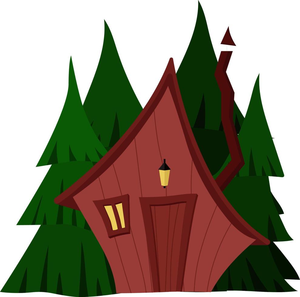 1 houten huis op de achtergrond van dennenbomen. een klein huis in het bos. platte cartoon vectorillustratie vector