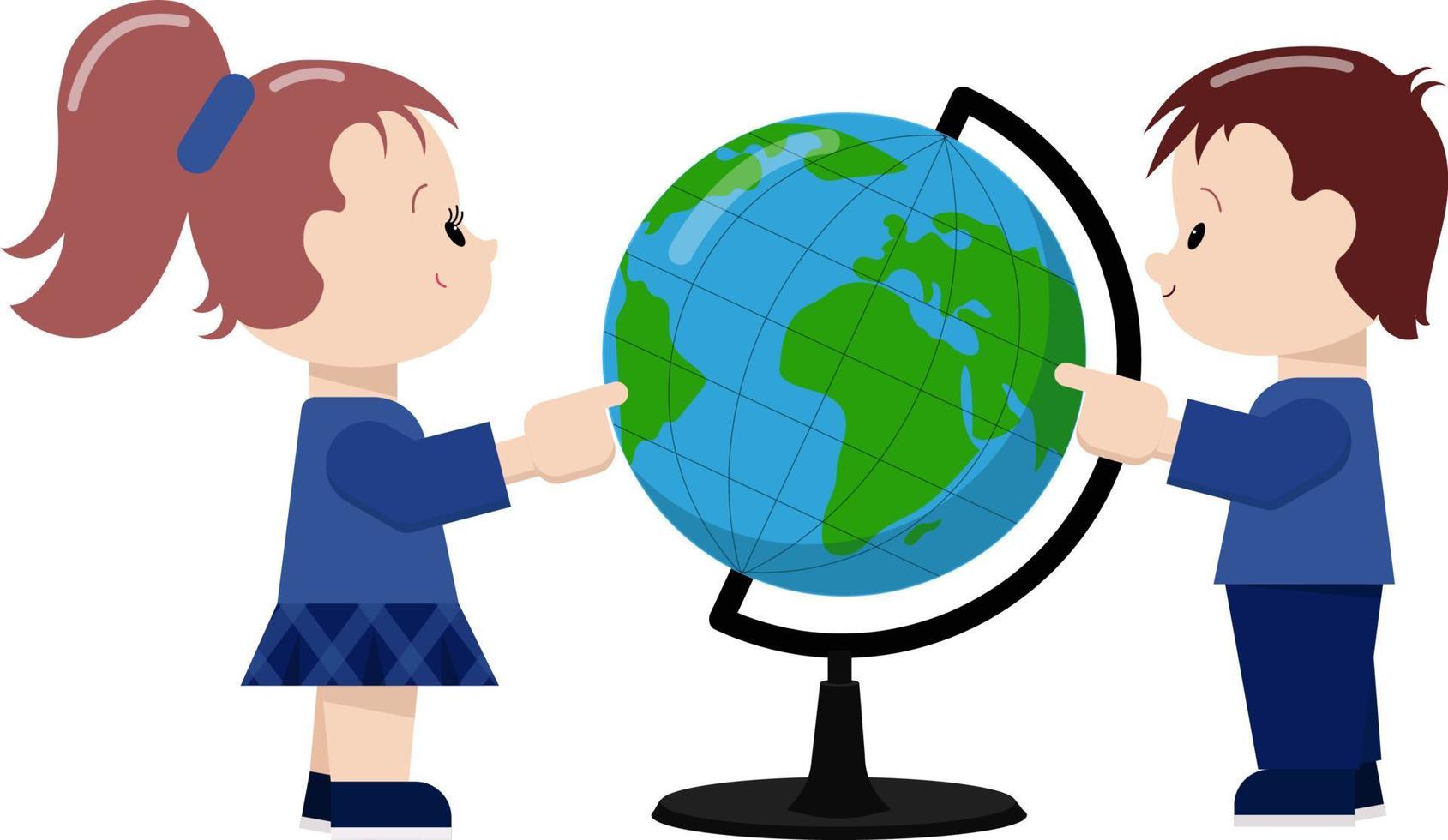 een jongen en een meisje zijn schoolkinderen. de wereldbol. vriendschap. school. vriendschap. cartoon vectorillustratie. vector