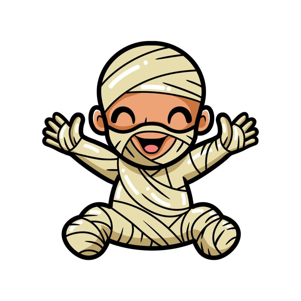 schattige kleine jongen mummie cartoon handen opsteken vector