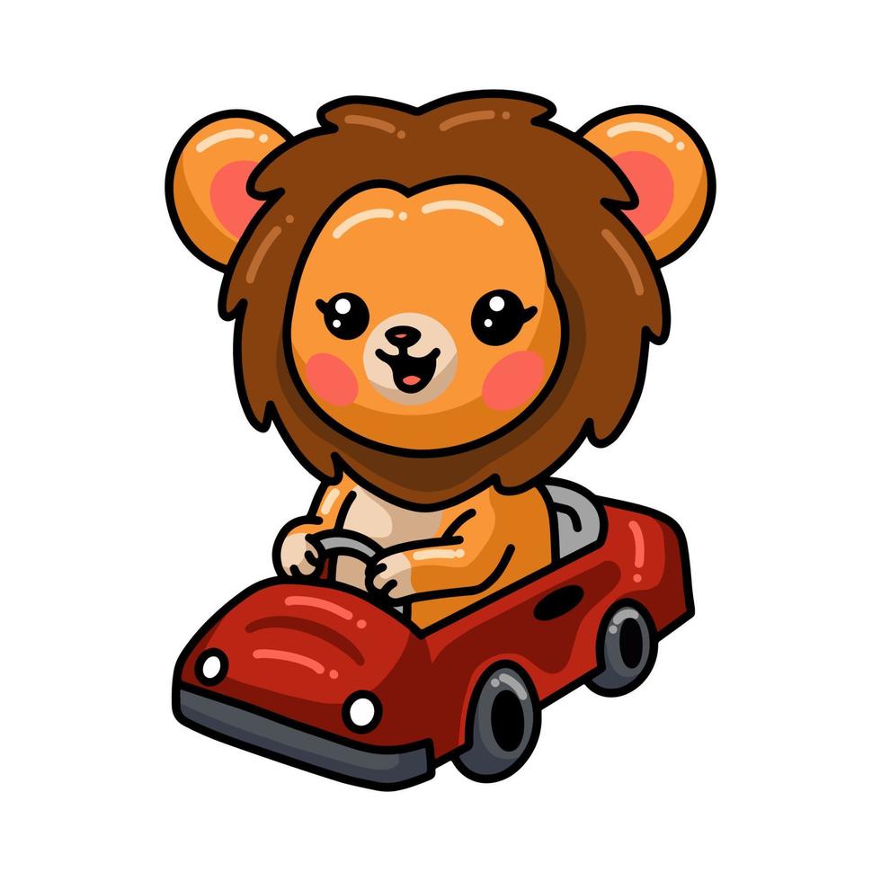 schattige baby leeuw cartoon rijden rode auto vector
