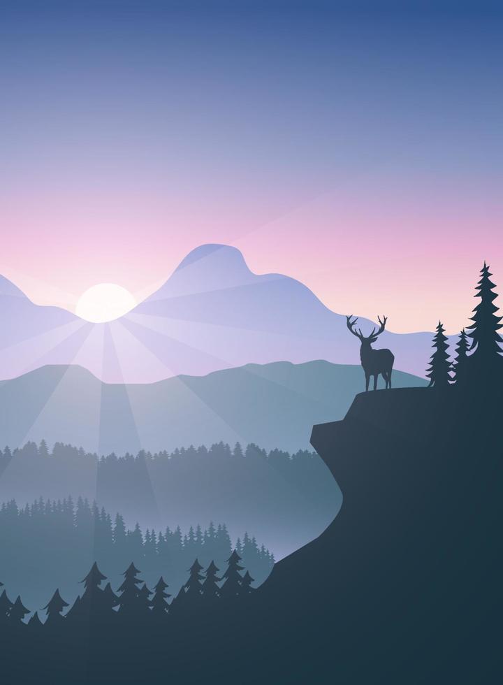 vlak ochtendlandschap met een hert bovenop een klif met bos, bergachtergrond vector