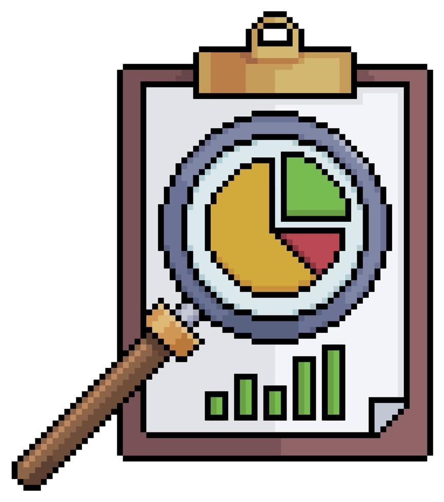 pixelart investeringsanalyse met vergrootglas en klembord vectorpictogram voor 8bit-spel op witte achtergrond vector