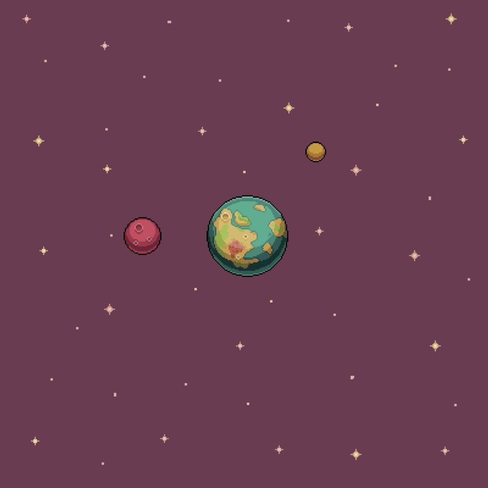 pixel art wallpaper planeet en sterren in de ruimte. 8-bits spelachtergrond vector