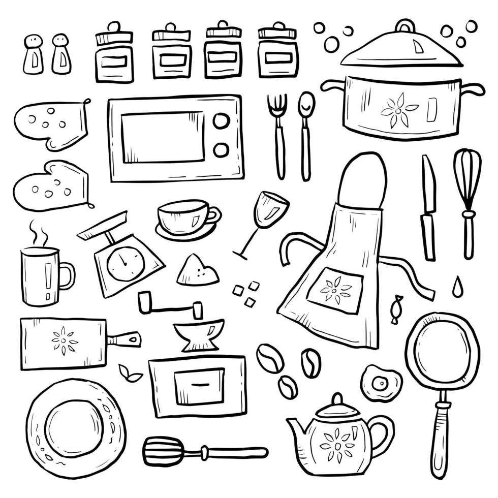 keukengereedschap items zwart-wit doodle set vector