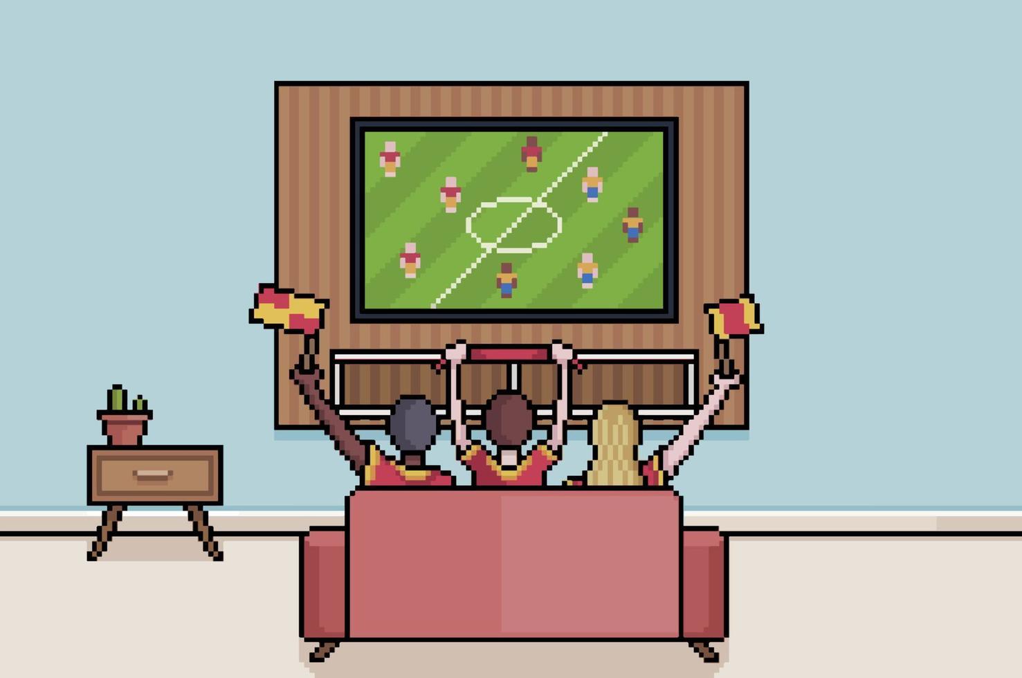pixelkunstmensen en fans die voetbal kijken op de tv in de woonkamer. 8-bits achtergrond van mensen die naar het WK voetbal kijken vector